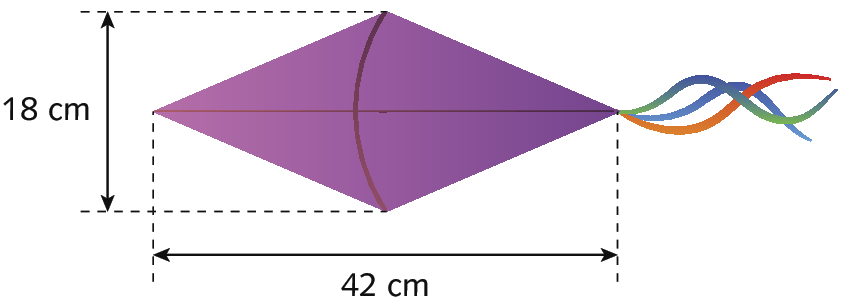 Ilustração. Uma pipa que se parece com um losango. A diagonal maior mede 42 centímetros e a diagonal menor mede 18 centímetros.