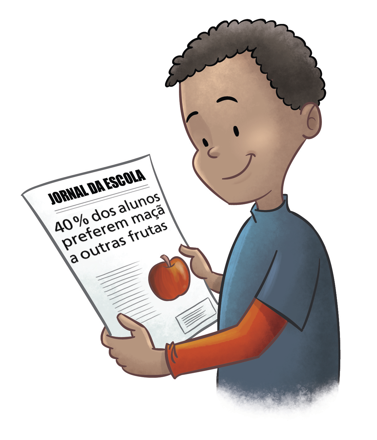 Ilustração. Menino negro de cabelo curto, preto e camiseta azul. Ele lê um jornal com a imagem de uma maçã vermelha. O título do jornal é "jornal da escola" e a manchete diz "40 por cento dos alunos preferem maçã a outras frutas".