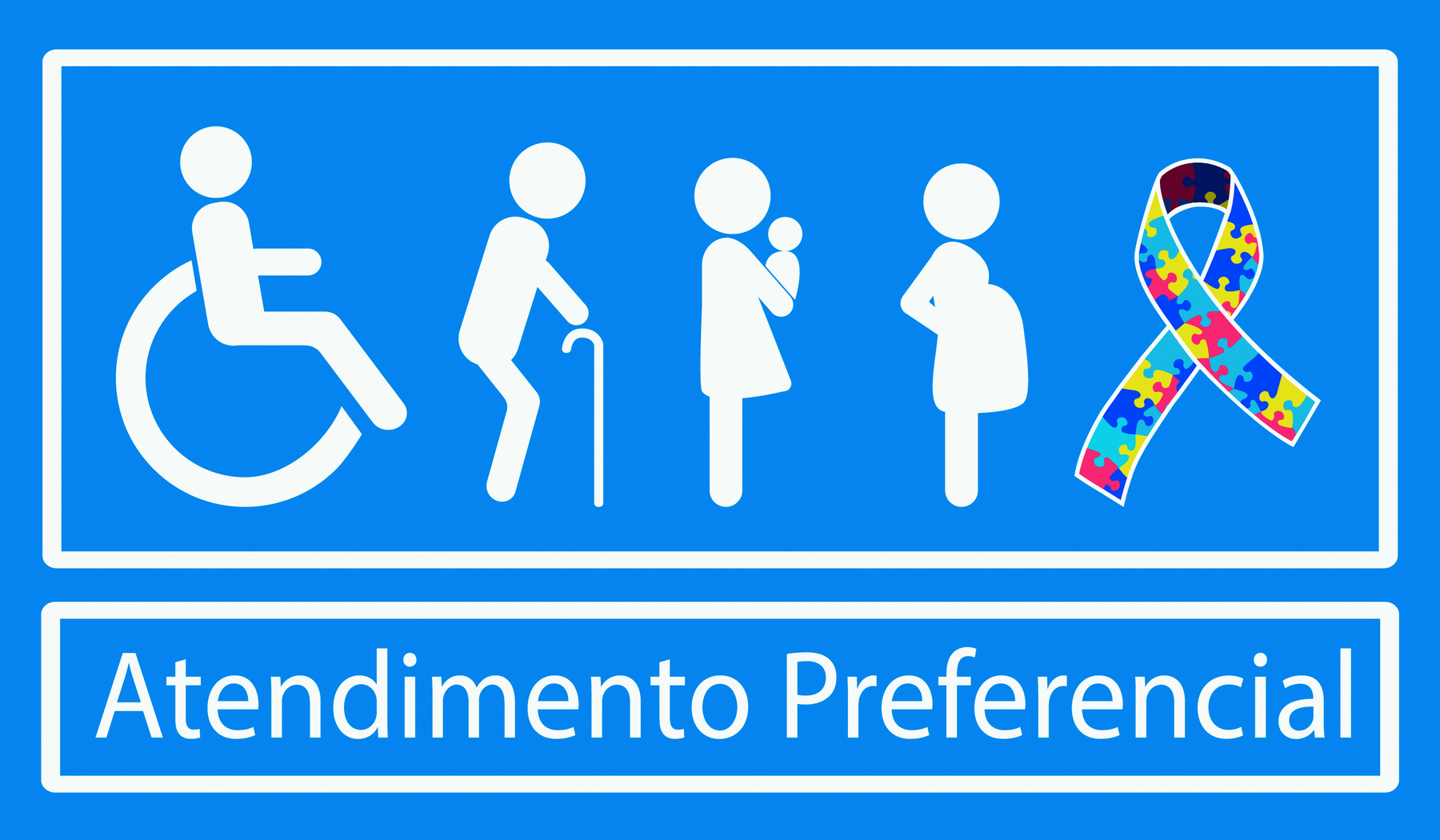 Ilustração: placa azul de atendimento preferencial. Na parte de cima, da esquerda para a direita, pictograma que representa pessoa com deficiência, idoso, pessoa com criança de colo, gestante e autistas. Abaixo dos símbolos, a indicação "atendimento preferencial".