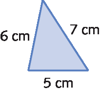 Figura geométrica: um triângulo azul, com lados de medidas 7 centímetros, 6 centímetros e 5 centímetros.