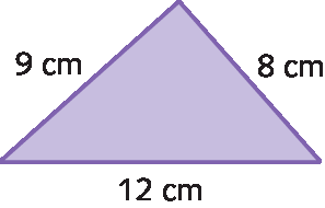 Figura geométrica: um triângulo roxo, com lados de medidas 12 centímetros, 9 centímetros e 8 centímetros.