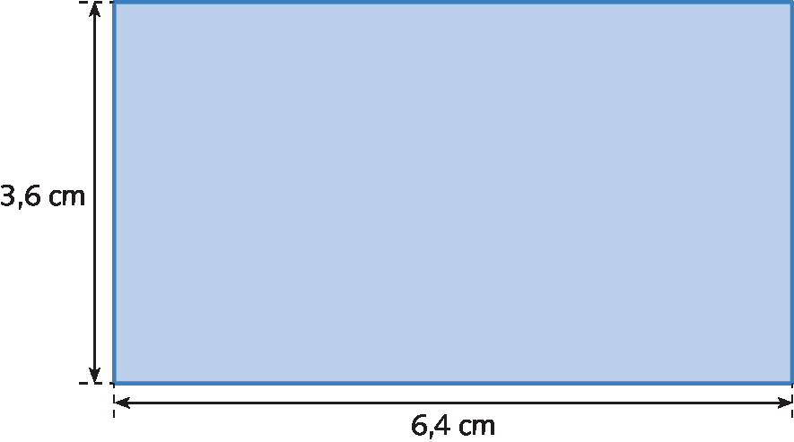 Ilustração. Retângulo azul com 6,4 centímetros de comprimento e 3,6 centímetros de largura.