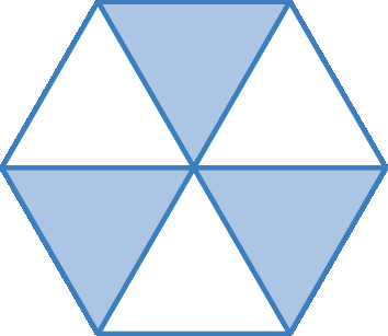 Figura geométrica. Hexágono dividido em 6 partes iguais. Três partes estão pintadas de azul e três têm fundo branco, que se alternam.