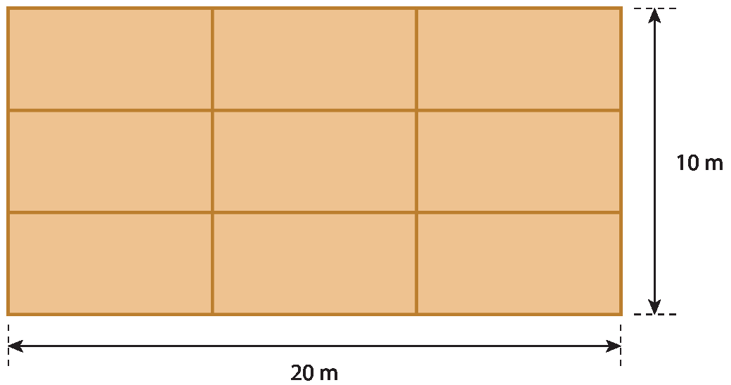 Ilustração. Retângulo dividido em 9 partes iguais, 3 linhas e 3 colunas.
O lado menor do retângulo mede 10 metros e o lado maior mede 20 metros.