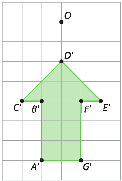 Esquema. Malha quadriculada 6 linhas e 10 colunas. Dentro, uma seta verde apontando para cima. À frente da ponta da seta, o ponto O.