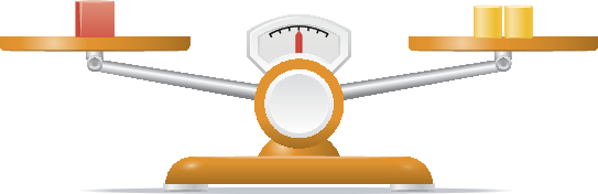 ilustração. Balança de dois pratos que está equilibrada. No prato da esquerda, há 1 cubo vermelho, e no prato da direita, há 2 cilindros amarelos