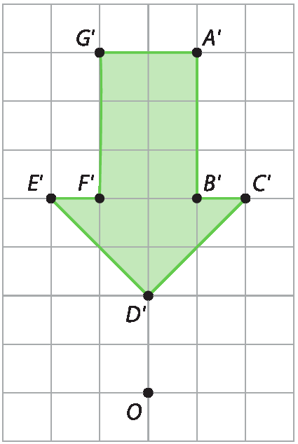 Esquema. Malha quadriculada 6 linhas e 10 colunas. Dentro, uma seta verde apontando para baixo. À frente da ponta da seta, o ponto O.