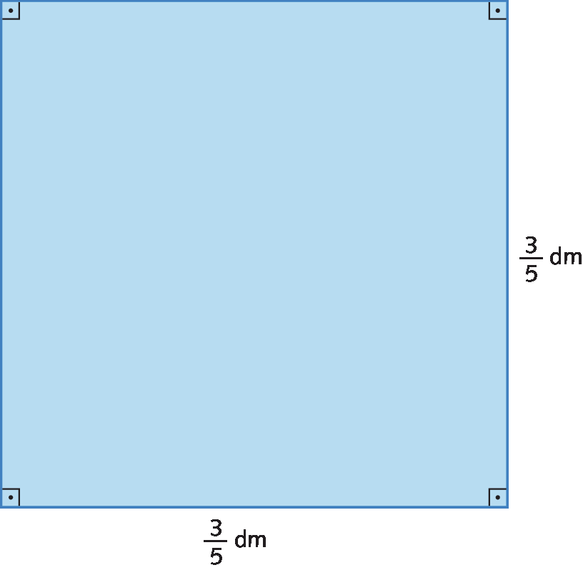 Figura geométrica. Quadrado azul com os 4 ângulos retos indicados e comprimento do lado de 3 quintos de dm.