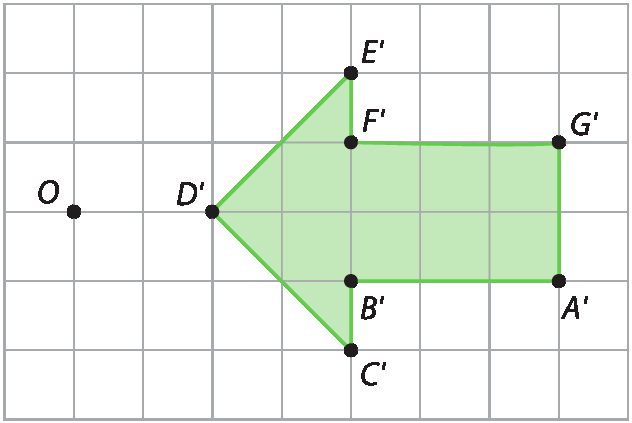Esquema. Malha quadriculada 6 linhas e 10 colunas. Dentro, figura 1: uma seta verde apontando para a esquerda. À frente da ponta da seta, o ponto O.