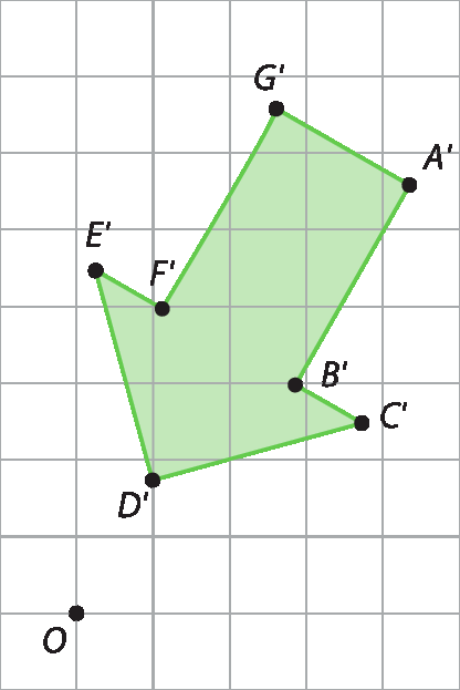 Esquema. Malha quadriculada 6 linhas e 10 colunas. Dentro, uma seta verde inclinada à esquerda e para baixo. À frente da ponta da seta, o ponto O.