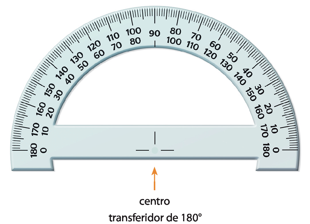 Ilustração. Transferidor de 180 graus em formato de semicírculo. Na base inferior, centro.