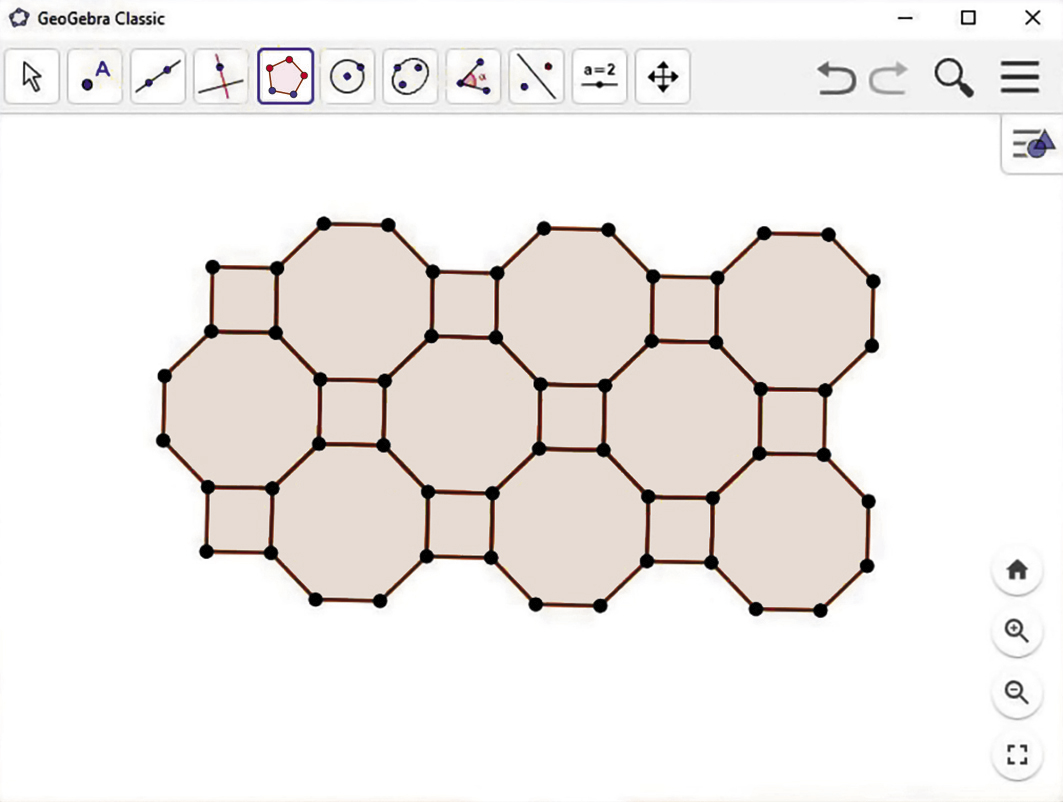 Print da ferramenta Geogebra Classic: na parte superior está o nome Geogebra Classic. Abaixo, há um menu, com as algumas ferramentas descritas. A ferramenta que tem o formato de um polígono de cinco lados está selecionada. Na tela está desenhada uma figura composta por polígonos de oito lados e quadrados. Os vértices dos polígonos de 8 lados são comuns aos vértices dos quadrados.