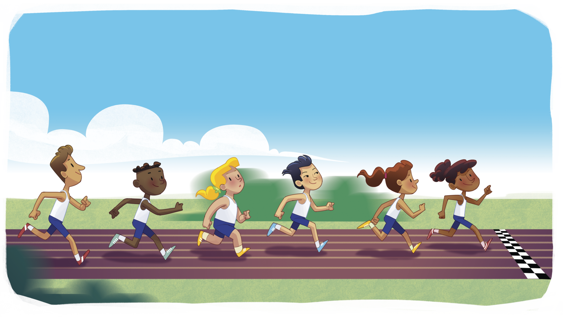 Ilustração. Pista de corrida com 3 meninas e 3 meninos usando regatas brancas e bermudas azuis. A pista  tem 6 faixas na horizontal e uma faixa quadriculada em preto e branco na vertical, indicando a linha de chegada. A ordem das posições  das crianças é da esquerda para a direita.