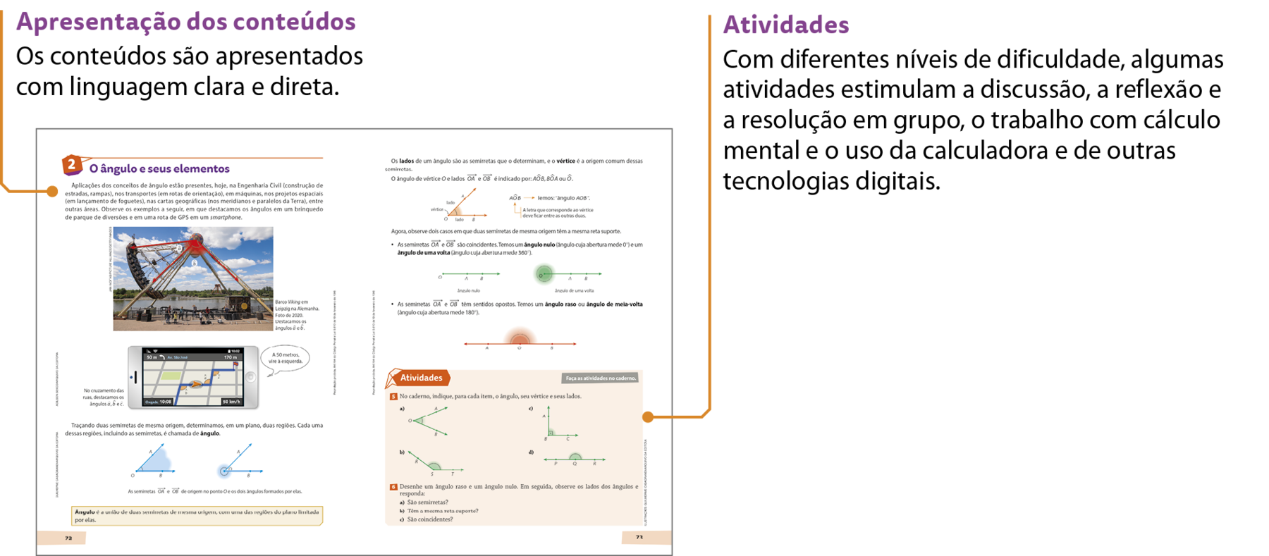 Esquema. Reprodução em tamanho reduzido de duas páginas, lado a lado, de um capítulo da coleção. É possível identificar a apresentação de um conteúdo e um boxe com atividades. 
Na parte superior da reprodução da página da esquerda, há um fio com a indicação: Apresentação dos conteúdos. Os conteúdos são apresentados com linguagem clara e direta. 
Na parte inferior da reprodução da página da direita, há um fio com a indicação: Atividades. Com diferentes níveis de dificuldade, algumas atividades estimulam a discussão, a reflexão e a resolução em grupo, o trabalho com cálculo mental e o uso da calculadora e de outras tecnologias digitais.