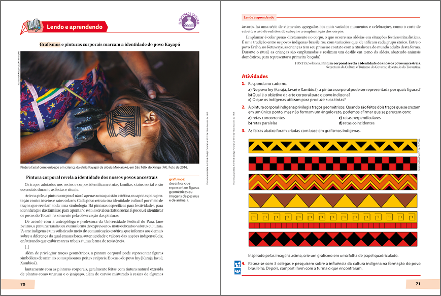 Esquema. Reprodução em tamanho reduzido de duas páginas da seção Lendo e aprendendo. Na página é possível identificar um texto com algumas imagens e atividades.