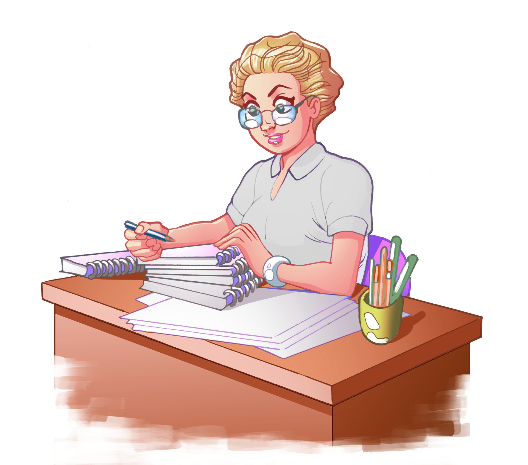 Ilustração. Mulher de cabelo loiro, óculos, relógio no pulso esquerdo e camisa cinza. Ela está segurando um lápis com a mão direita, sentada de frente para uma mesa com uma pilha de cadernos. À direita, suporte com canetas.