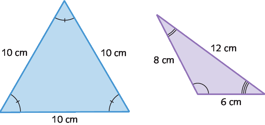 Figura geométrica. Triângulo com cada lado medindo 10 centímetros.
Figura geométrica. Triângulo com as medidas: 8 centímetros, 6 centímetros e 12 centímetros.