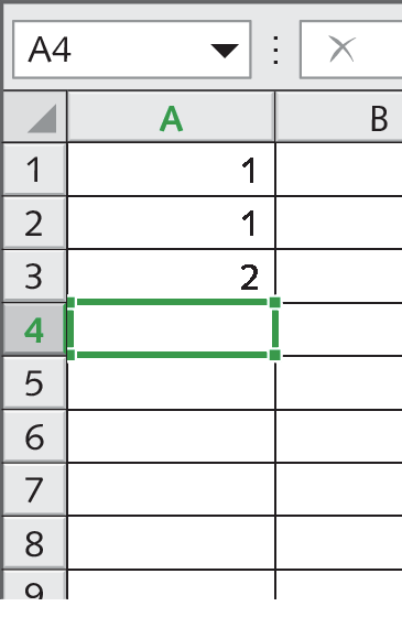 Esquema. Planilha eletrônica do esquema anterior com o terceiro termo. Na primeira e segunda linha da coluna A, os números 1 continuam sendo identificados, e na terceira linha, apresenta o número 2.
Na quarta linha há um destaque de verde para o campo