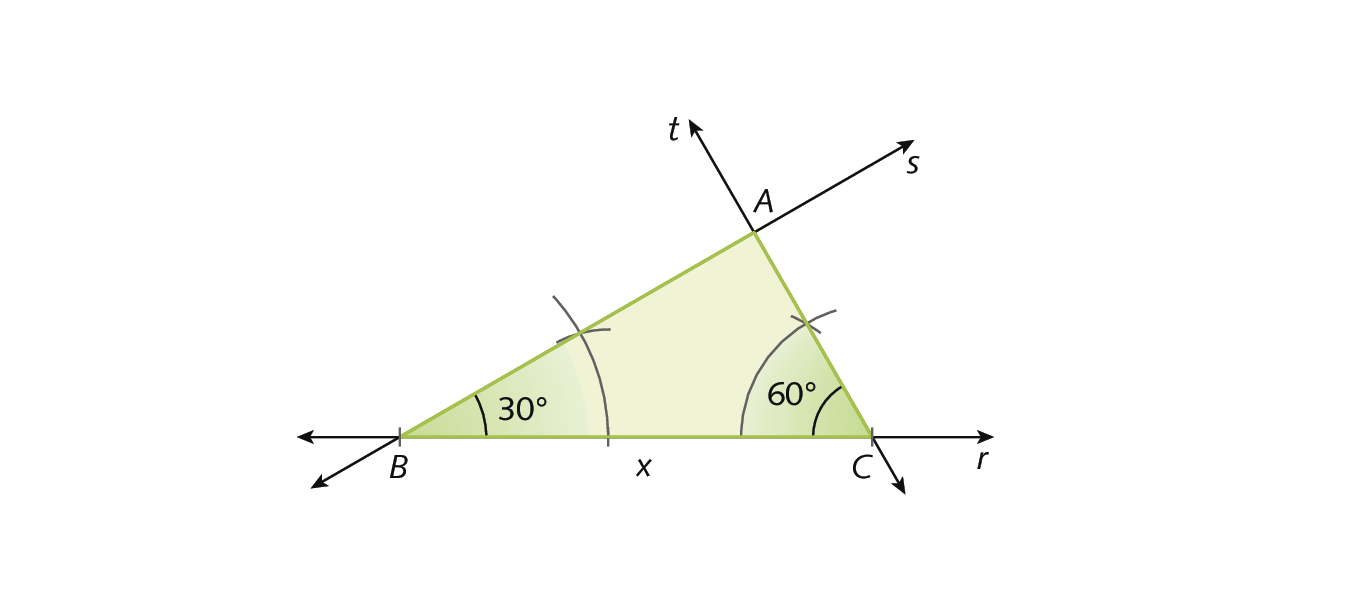 Figura geométrica: um triângulo verde, com vértices indicados pelas letras A, B e C. Os lados do triângulos são as retas r, s e t. No triângulo há a indicação dos ângulos de 30 graus e de 60 graus.