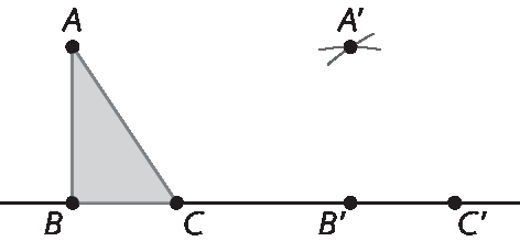 Esquema. Continuação do esquema anterior, agora acima do pontos B' identificados na reta, há o ponto A' com pequenas retas concorrentes e um ponto de intersecção