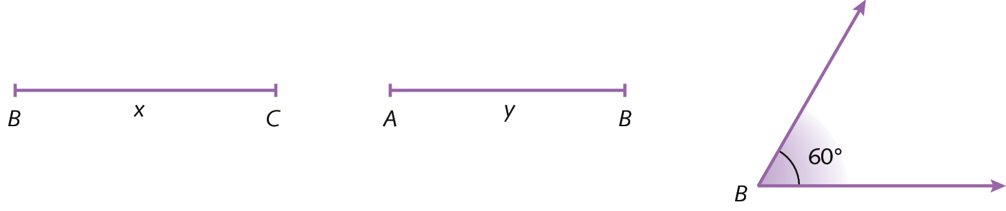 Ilustração. Segmento de reta, com extremidades identificadas com as letras B e C. No centro desse segmento de reta a letra x. Ao lado, segmento de reta, com extremidades identificadas com as letras A e B. No centro desse segmento de reta a letra y. Ao lado, ponto B que é origem de duas semirretas que formam um ângulo de medida 60 graus.