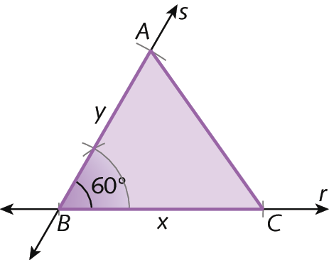 Ilustração. Um triângulo ABC roxo. Há a indicação do ângulo de medida igual a sessenta graus.