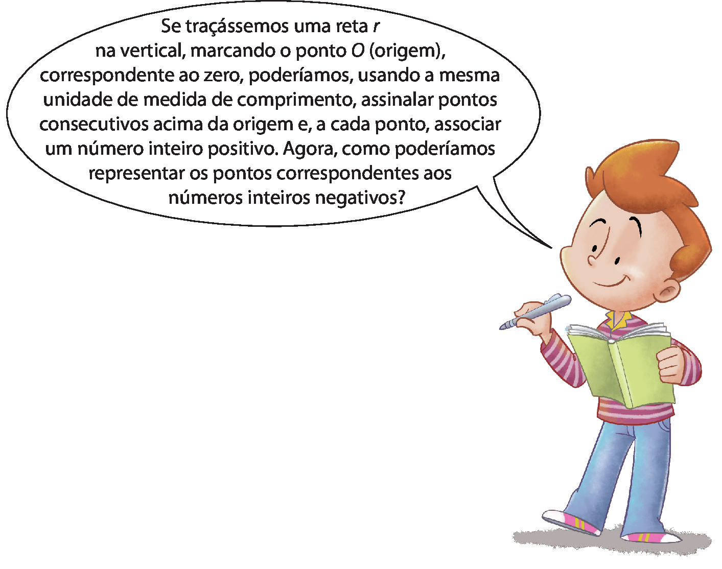 Ilustração. Menino branco de cabelo castanho que usa blusa roxa listrada e calça azul. Ele segura um caderno e um lápis e diz: Se traçássemos uma reta r na vertical, marcando o ponto O, origem, correspondente ao zero, poderíamos, usando a mesma unidade de medida de comprimento, assinalar pontos consecutivos acima da origem e, a cada ponto, associar um número inteiro positivo. Agora, como poderíamos representar os pontos correspondentes aos números inteiros negativos?