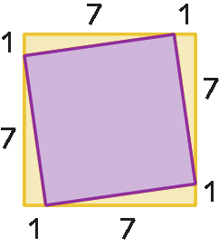 Ilustração. A figura mostra um quadrado amarelo sobreposto por um quadrado roxo. O quadrado roxo é menor e está inclinado em relação ao quadrado amarelo. O quadrado roxo está inscrito no quadrado amarelo de forma a desenhar 4 triângulos retângulos amarelos que são as partes visíveis do quadrado amarelo. Os catetos de cada um desses triângulos medem 1 e 7 unidades.