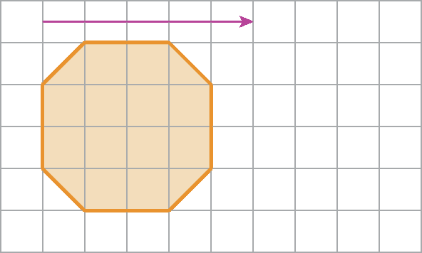 Esquema. Malha quadriculada, com 6 linhas e 10 quadradinhos cada. À esquerda há representação de uma figura geométrica de laranja com oito lados. Acima, seta horizontal para direita.