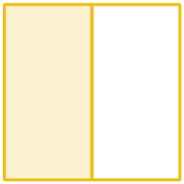 Figura geométrica. Quadrado dividido em duas partes iguais. Uma das partes está pintada de amarelo e a outra é branca.