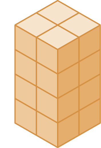 Figura geométrica. Paralelepípedo laranja composto por quatro colunas com quatro cubos cada.