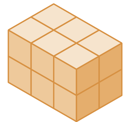 Figura geométrica. Paralelepípedo laranja  composto por seis colunas com dois cubos cada.
