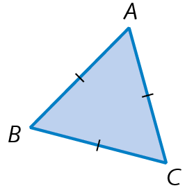 Figura geométrica. Triângulo azul ABC com lados com mesma medida de comprimento.