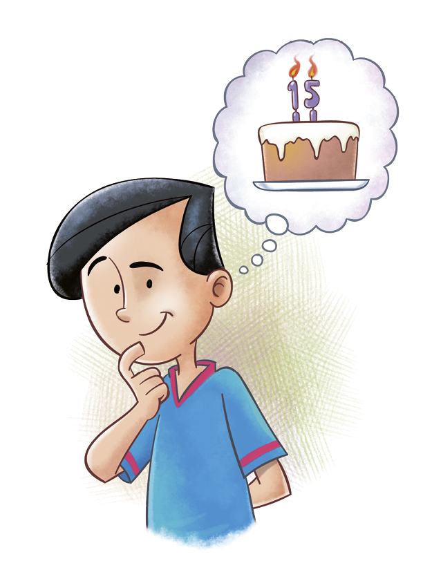 Ilustração. Menino ´pardo de cabelo preto e camiseta azul. Ele pensa em um bolo de aniversário com vela acima com número 15.