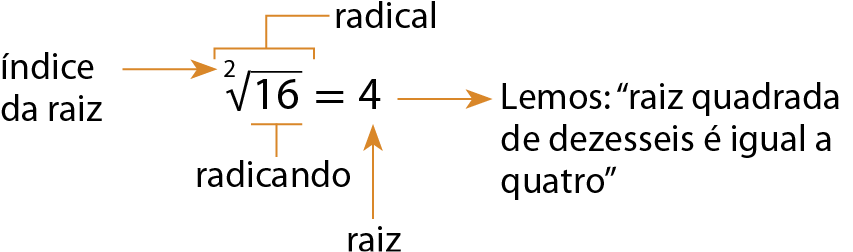 Esquema. Raiz quadrada de 16 é igual a 4. Há um fio na parte superior no símbolo da raiz, indicando que é o radical. Há um fio na parte inferior no número 16 dentro da raiz, indicando que é o radicando. Há uma seta à esquerda no número 2 acima do símbolo de raiz, indicando que é o índice da raiz. Há uma seta na parte inferior no número 4, indicando que é o raiz. Há uma seta a esquerda informando: Lemos: raiz quadrada de dezesseis é igual a quatro.