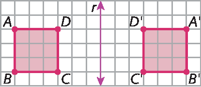Ilustração. Malha quadriculada, com 6 linhas e 14 quadradinhos cada,  com representação de dois quadrado rosa ABCD composta por 9 quadradinhos. 
À esquerda, há um quadrado rosa, com os pontos A e D na parte superior e B e C na parte inferior 
À direita, há quadrado rosa, com os pontos D linha e A linha na parte superior e C linha e D linha na parte inferior 
Entre as figuras, reta vertical r