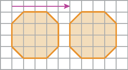 Esquema. Malha quadriculada com 6 quadradinhos por 11 quadradinhos. Nela há 2 hexágonos congruentes um ao lado do outro. Sobre o hexágono da esquerda há uma seta para direita indicando um vetor de deslocamento.