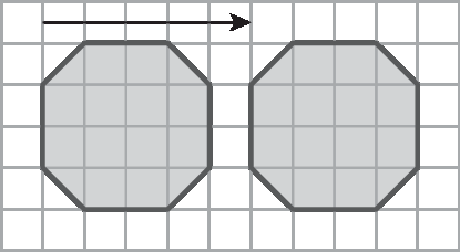 Ilustração. Um retângulo, formado por 66 quadradinhos, cada um com 0,7 centímetro de lado, sendo 11 na horizontal e 6 na vertical. Os quadradinhos são desenhados por segmentos cinza claro. Na primeira linha de quadradinhos, há desenhado uma semirreta horizontal, com seta na extremidade direita e que ocupa do segundo ao sexto quadradinho.
Abaixo dessa reta, há um octógono desenhado com segmentos cinza escuro, espessos e preenchido por cinza médio, cujos vértices estão nos seguintes cruzamentos: segunda linha com terceira coluna, para, segunda linha com quinta coluna, para, terceira linha com sexta coluna, para, quinta linha com sexta coluna, para, sexta linha com quinta coluna, para, sexta linha com terceira coluna, para, quinta linha com segunda coluna, para, terceira linha com segunda coluna e, de volta a segunda linha com terceira coluna. Do lado direito desse octógono, outro octógono idêntico, com vértices nos seguintes cruzamentos: segunda linha com oitava coluna, para, segunda linha com décima coluna, para, terceira linha com décima primeira coluna, para, quinta linha com décima primeira coluna, para, sexta linha com décima coluna, para, sexta linha com oitava coluna, para, quinta linha com sétima coluna, para, terceira linha com sétima coluna e, de volta a segunda linha com oitava coluna.