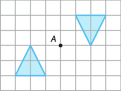 Esquema. Malha quadriculada, de 6 linhas com 8 quadradinhos cada. Há 2 triângulos, um no canto inferior à esquerda um triângulo azul, para cima e outro no canto superior a direita triângulo azul, para abaixo. Entre os triângulos há um ponto A ao meio.