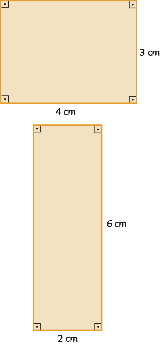 Ilustração. Dois retângulos laranja. Cada retângulo tem os quatro ângulos retos internos representados. O primeiro retângulo tem base de 4 centímetros e altura de 3 centímetros. O segundo retângulo tem base de 2 centímetros e altura de 6 centímetros.