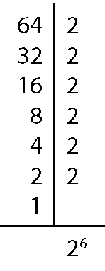 Esquema. Máximo divisor comum do número 64. À esquerda, 64. À direita, 2. À esquerda, 32.  À direita, 2. À esquerda, 16. À direita, 2. À esquerda, 8. À direita, 2. À esquerda, 2. À direita, 2. À esquerda, 1. Entre os números da esquerda e direita, há uma reta vertical. Abaixo, do 1, traço horizontal. Abaixo do traço, a sentença matemática: dois elevado a seis.