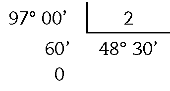 Esquema: algoritmo de divisão na chave. À esquerda, 97 graus, 00 minutos. Dentro da chave, 3. Abaixo de 97 graus, 00 minutos, o 60 minutos. Abaixo da chave, quociente 48 graus, 30 minutos. Abaixo do 60 minutos, zero.