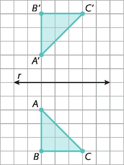 Esquema. Malha quadriculada composta por 12 linhas com 9 quadradinhos cada. No parte inferior há um triângulo azul com os pontos ABC. Na parte superior há outros triangulo azul com os pontos A linha B linha e C linha. Entre as figuras há um reta r na horizontal.