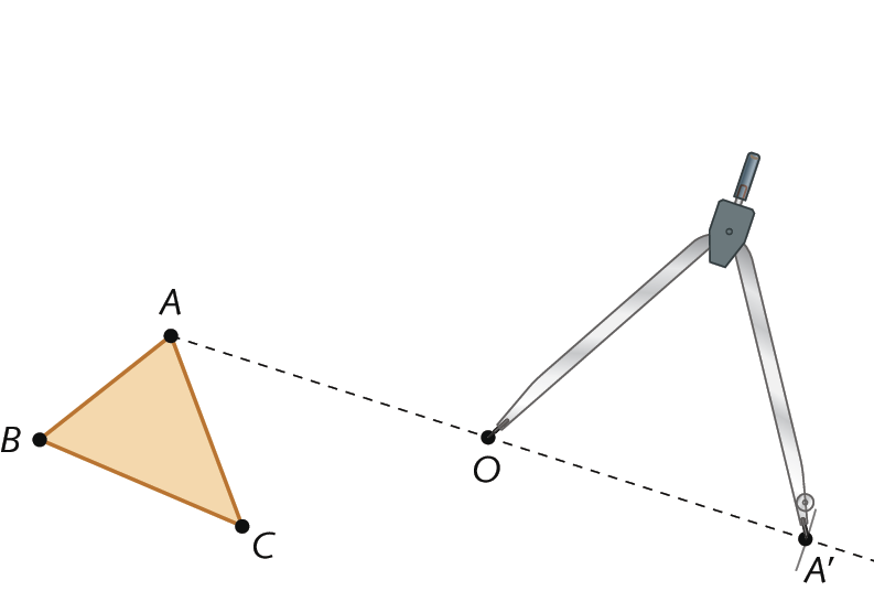 Esquema. Continuando com o esquema anterior, agora na semirreta é utilizado apenas um compasso para marcar o ponto A linha na semirreta tal que a distância de A até O e de O até A linha são iguais.