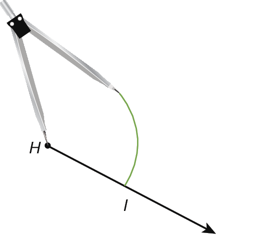 Ilustração. Semirreta de origem H.
 Sobre ponto H, compasso com ponta seca traça um arco e determina o ponto I sobre a semirreta.