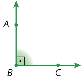 Ilustração. Duas semirretas BA e BC partindo da mesma origem, o ponto B. Destaque para o ângulo interno