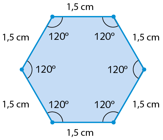 Ilustração. Hexágono azul de lados iguais e seis ângulos internos com medida de abertura igual a 120 graus cada. A medida do comprimento de cada lado é 1,5 centímetros.