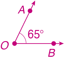 Ilustração. Duas semirretas OA e OB partindo da mesma origem, o ponto O, formando o ângulo de 65 graus.