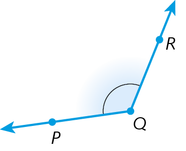 Ilustração. Duas semirretas QP e QR partindo da mesma origem, o ponto Q.  Em destaque, o ângulo PQR.