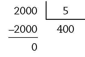 Esquema: algoritmo de divisão na chave. À esquerda, 2000. Dentro da chave, 5. Abaixo de 2000, menos 2000. Abaixo da chave, quociente 400.
Abaixo do menos 2000, traço horizontal.
Abaixo, do traço horizontal, 0.